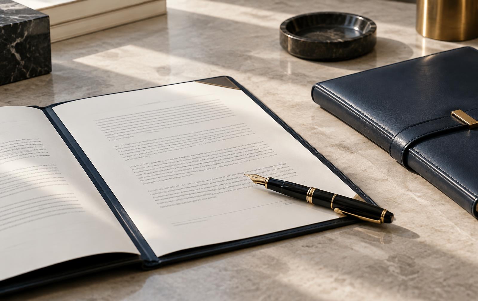 Legal documents and a fountain pen on a desk