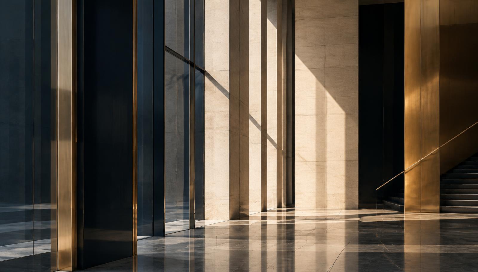 Architectural composition in stone, glass and brass